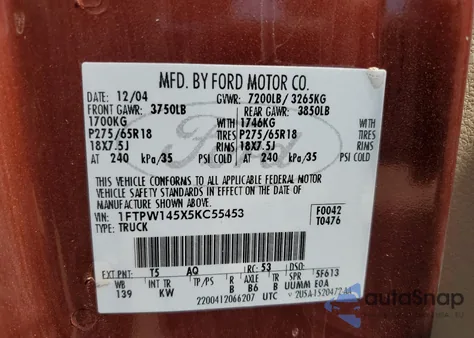2005 Ford F150 Supercrew from USA, damaged, VIN 1FTPW145X5KC55453